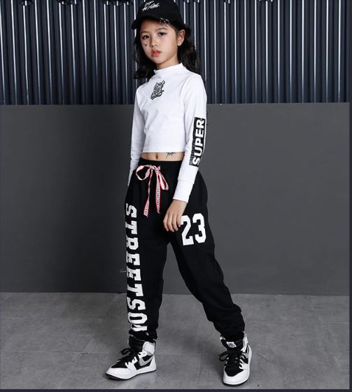 พร้อมส่ง ชุดเต้น ชุดฮิปฮอป สีขาวแขนยาวสีแดง+กางเกง