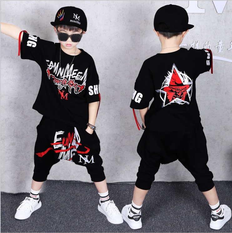 ชุดเต้น ฮิปฮอป แขนสั้น สีดำ-แดง