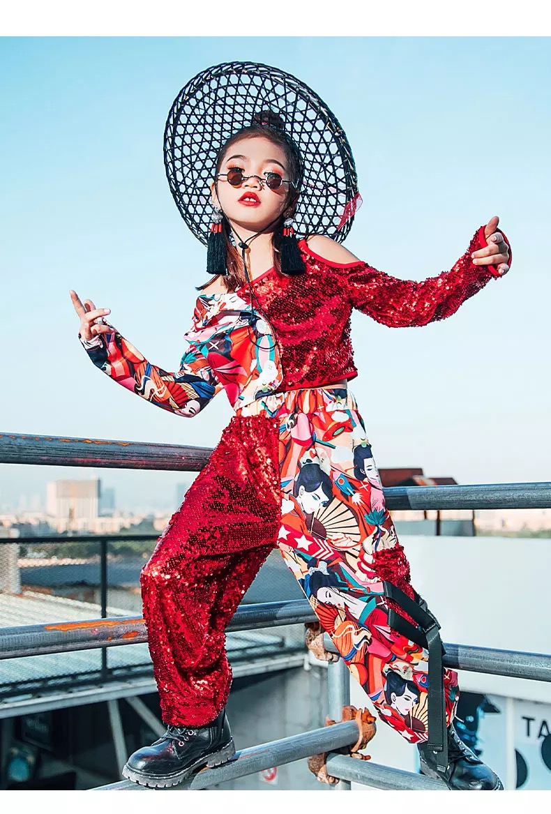 **พร้อมส่ง**ชุดเต้น ชุดฮิปฮอป เสื้อแขนยาว ปักเลื่อม พร้อมกางเกงขาขายาว