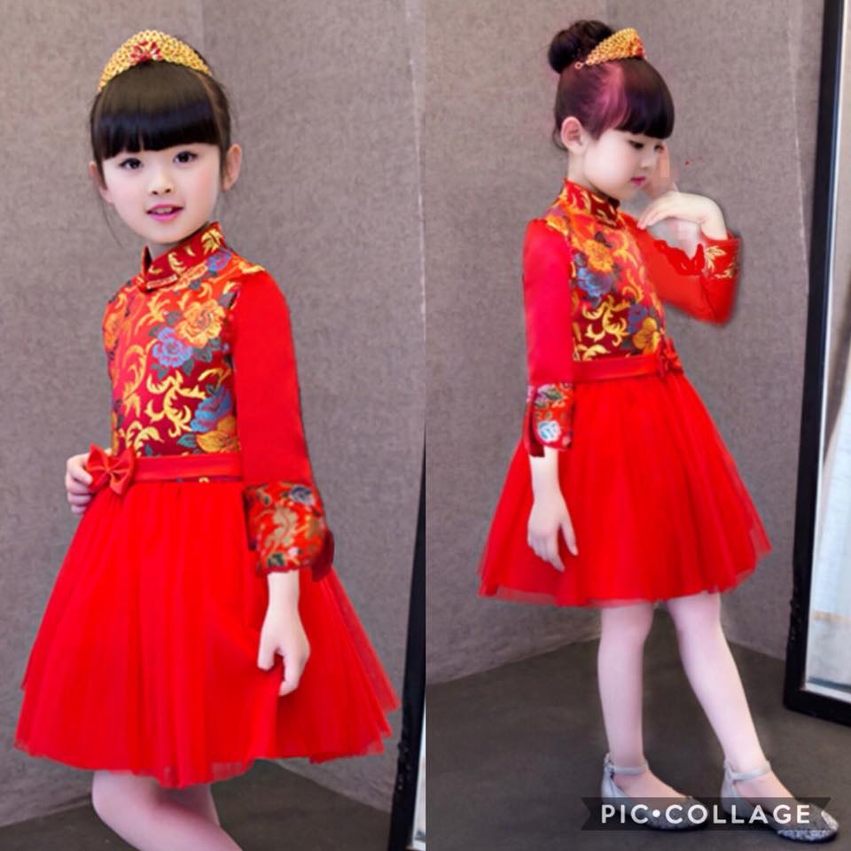 พร้อมส่ง ชุดจีน กี่เพ้า เดรสแขนสั้นแต่งลายมังกร ติดโบวสีแดง