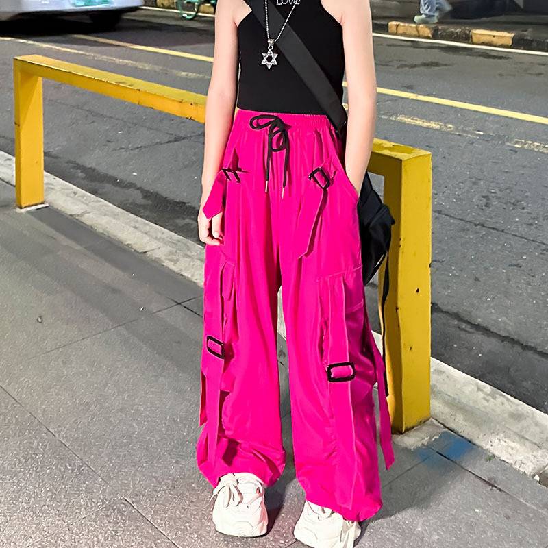 พร้อมส่ง กางเกงเด็ก คาร์โก้ สไตล์ Y2K ขากระบอกสีพื้น