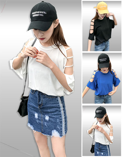 เสื้อยืดแฟชั่นแขนสั้นคอกลมโชว์ไหล่ รหัส 2016