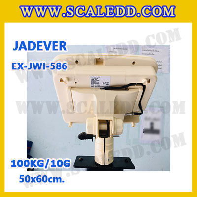 เครื่องชั่งดิจิตอลตั้งพื้น ยี่ห้อ JADEVER รุ่น EX-JWI-586 ขนาดแท่น 50x60cm. พิกัดน้ำหนัก 100kg ค่าละเอียด 10g พร้อมที่เข็นและล้อ