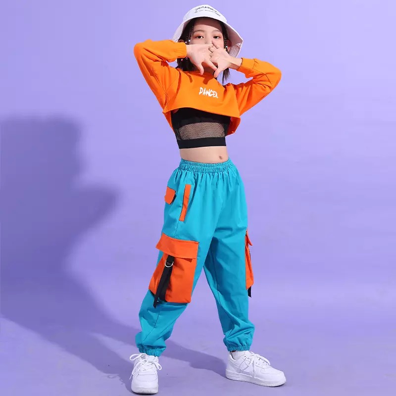 ชุดเต้น ชุดแดนซ์ เสื้อแขนยาวสีส้ม+กางเกงขายาว