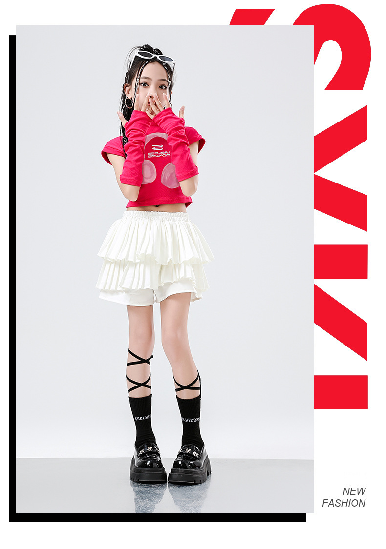 พร้อมส่ง ชุดเต้นเด็ก เสื้อ พร้อมปลอกแขน+กระโปรงอัดพลีท