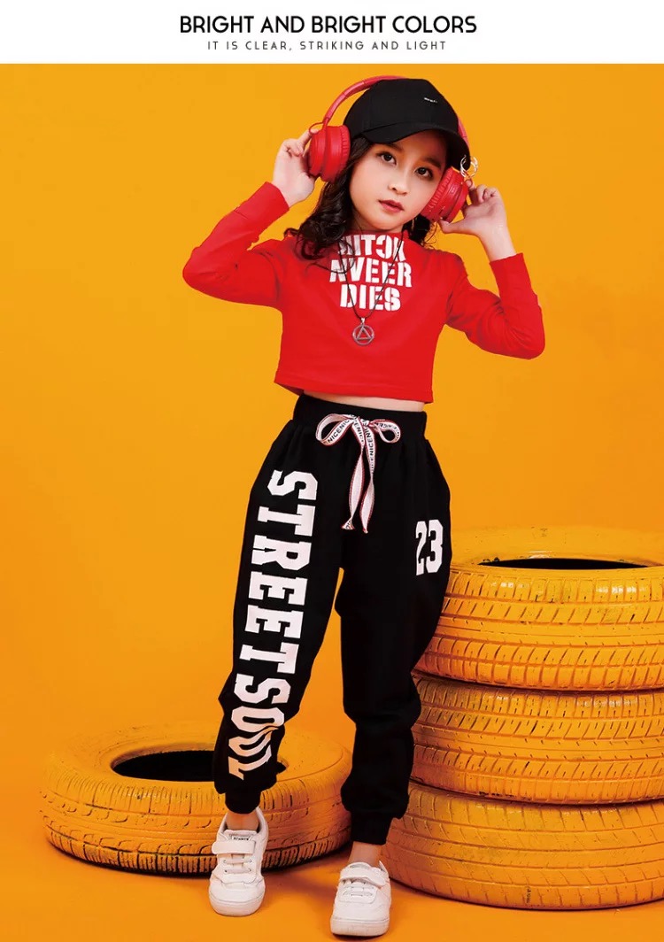 พร้อมส่ง ชุดเต้น ชุดฮิปฮอป สีขาวแขนยาวสีแดง+กางเกง