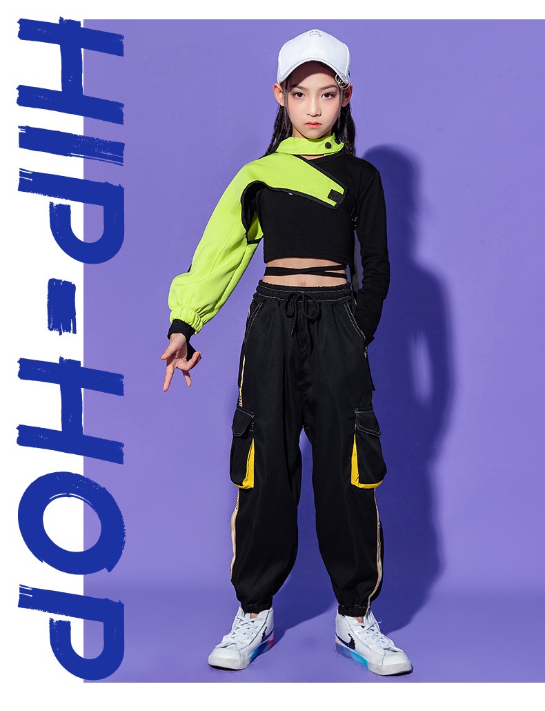 ชุดเต้น ชุดแดนซ์ ฮิปฮอป สีนีออน เสื้อสีดำ กางกงดำ