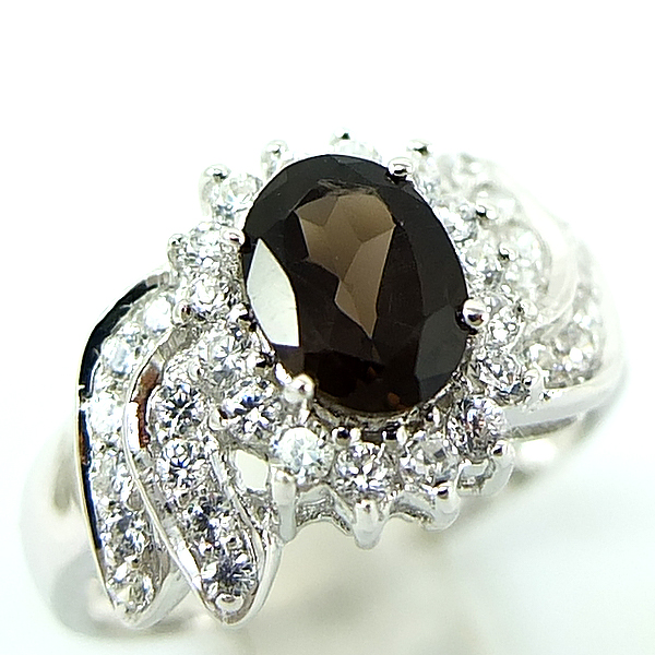 แหวนเงินแท้ราคาถูกชุบทองคำขาว พลอยแท้สโมกกี้ควอทซ์ 1.25 กะรัต เพชรCZ 0.88 กะรัต งานประณีตสวยงาม สั่งผลิตค่ะ