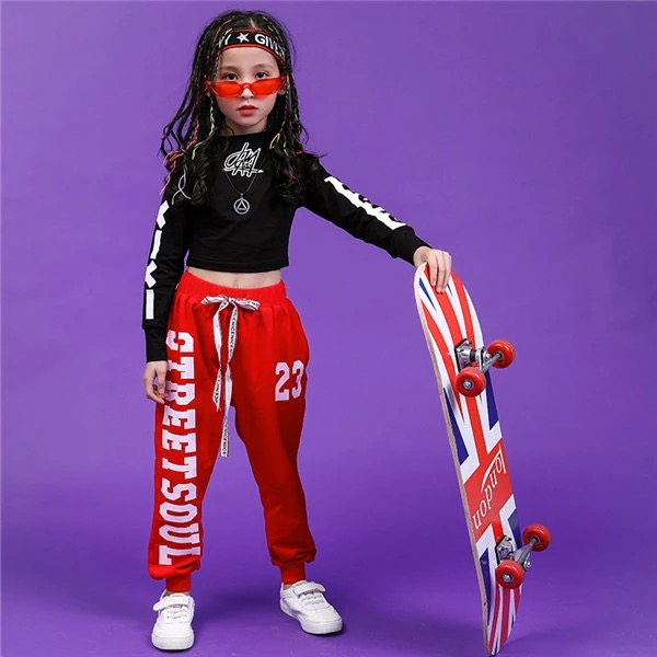 พร้อมส่ง ชุดเต้น ชุดฮิปฮอป สีขาวแขนยาวสีแดง+กางเกง