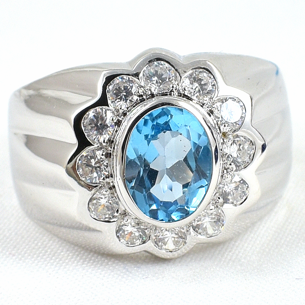 แหวนเงินแท้ราคาถูกชุบทองคำขาว สวิสบลูโทปาซแท้ 2.35 กะรัต เพชรCZ 0.36 กะรัต งานประณีตสวยงาม สั่งผลิตค่ะ