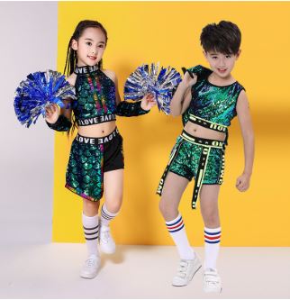 พร้อมส่ง ***ชุดเต้น ชุดฮิปฮอป เสื้อแขนกุด ปักเลื่อม สีเขียว + กางเกง