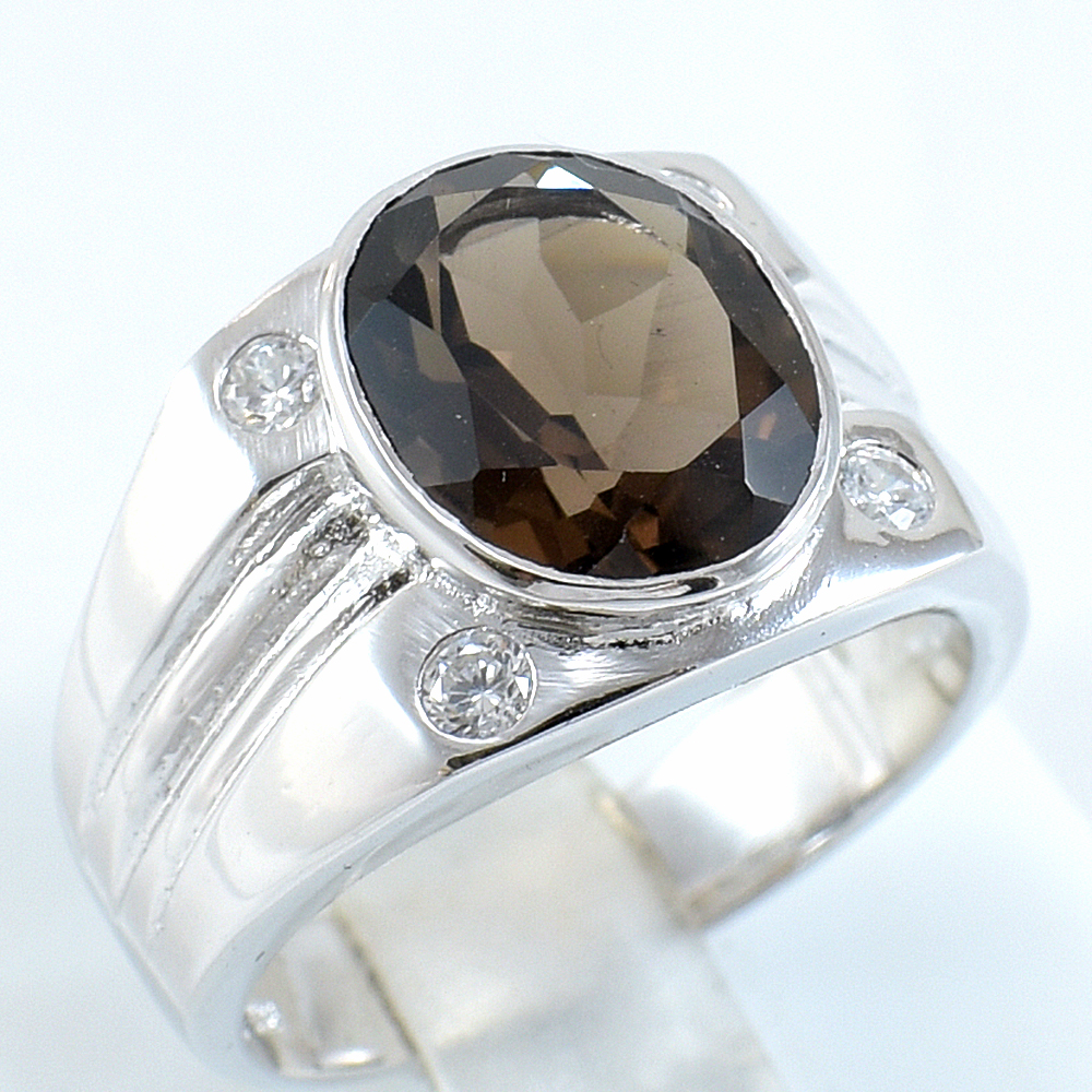 แหวนเงินแท้ราคาถูกชุบทองคำขาว พลอยแท้สโมกกี้ควอทซ์ 4.80 กะรัต เพชรCZ 0.12 กะรัต งานประณีตสวยงาม สั่งผลิตค่ะ