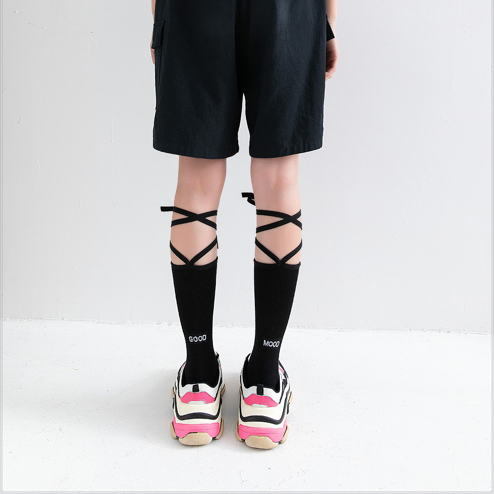 พร้อมส่ง ถุงเท้า เด็ก-ผู้ใหญ่ แบบยาว มีสายไขว้ ผูกข้อขา สีพื้น