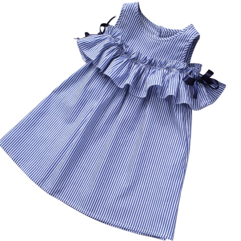 เดรสผ่าไหล่า ลายทาง สีฟ้า