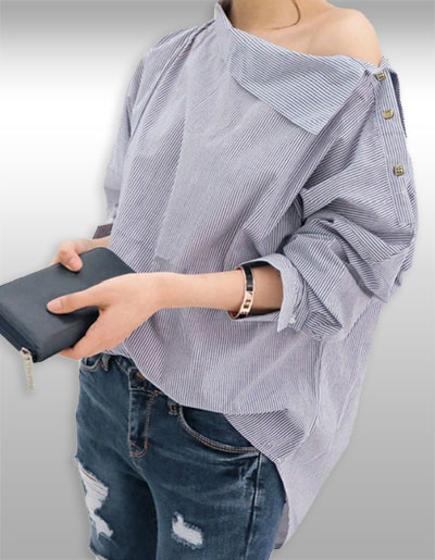 เสื้อเชิ๊ตแฟชั่นแต่งลายคอปาดแบบสวยหวาน รหัส 2182