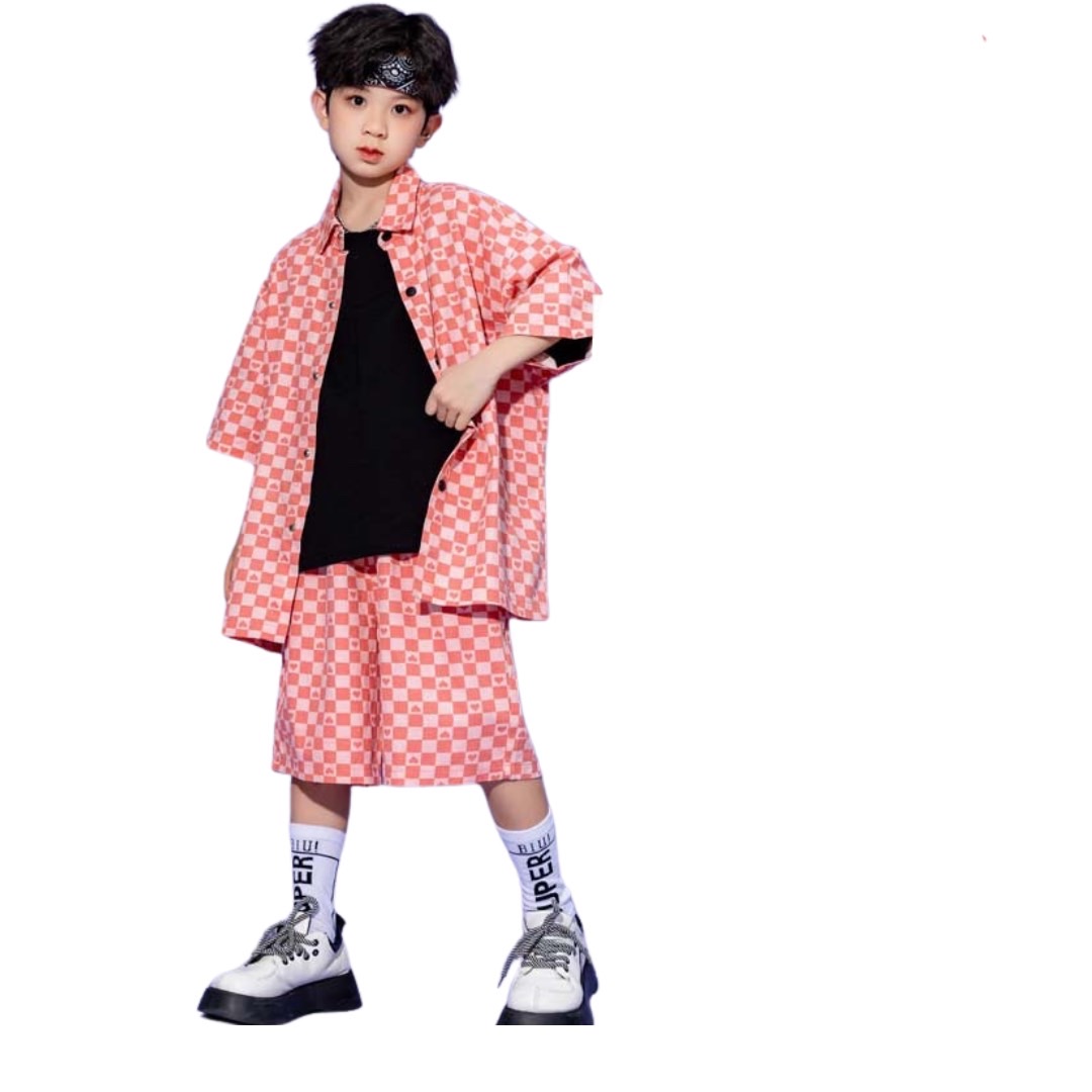 พร้อมส่ง ชุดเต้น ชาย/หญิง ลายสก๊อต ลายหมากรุก สีชมพูโอรส