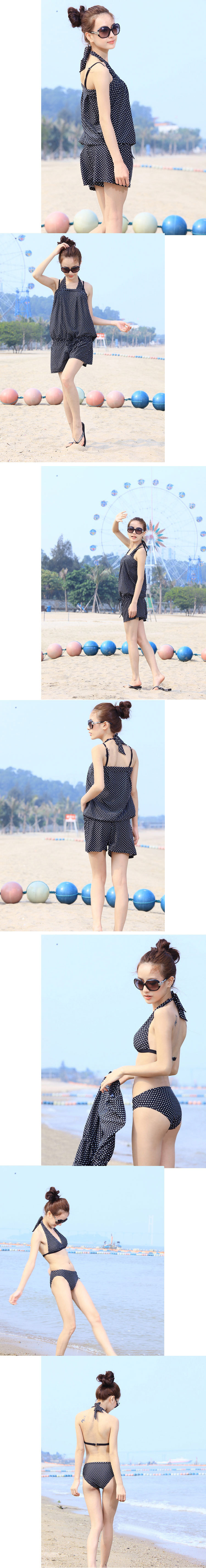 ชุดว่ายน้ำ 3 ชิ้น ลายจุดสีดำ รอบอก 34-38 สะโพก 40-42 นิ้วค่ะ ตัวนอกเป็นชุดกางเกงขาสั้นค่ะ น่ารักมากๆๆๆ