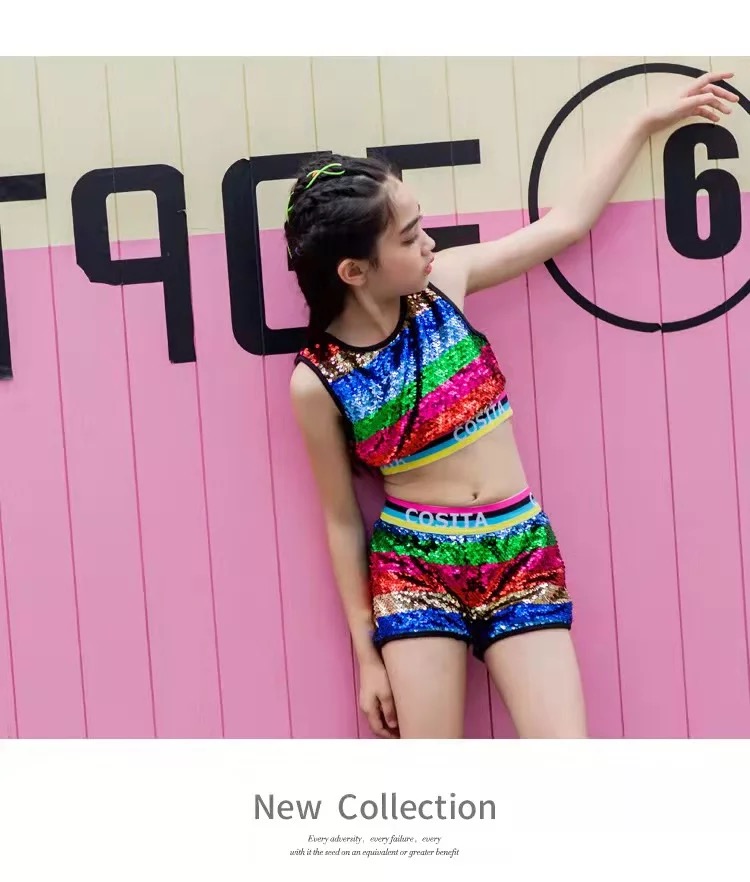 ชุดเต้น ชุดการแสดง เซ็ตแขนกุด ปักเลื่อม ลายตุ๊กตา สีรุ้ง