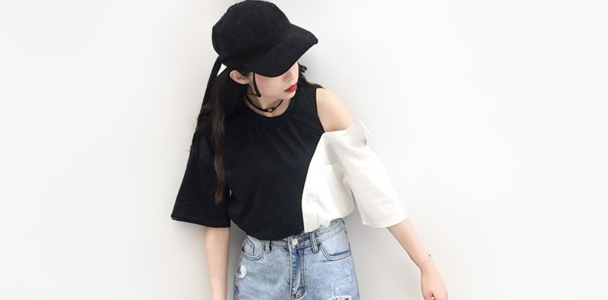 เสื้อแฟชั่นเปิดไหล่แต่งสองสีสไตล์เกาหลี รหัส 2310