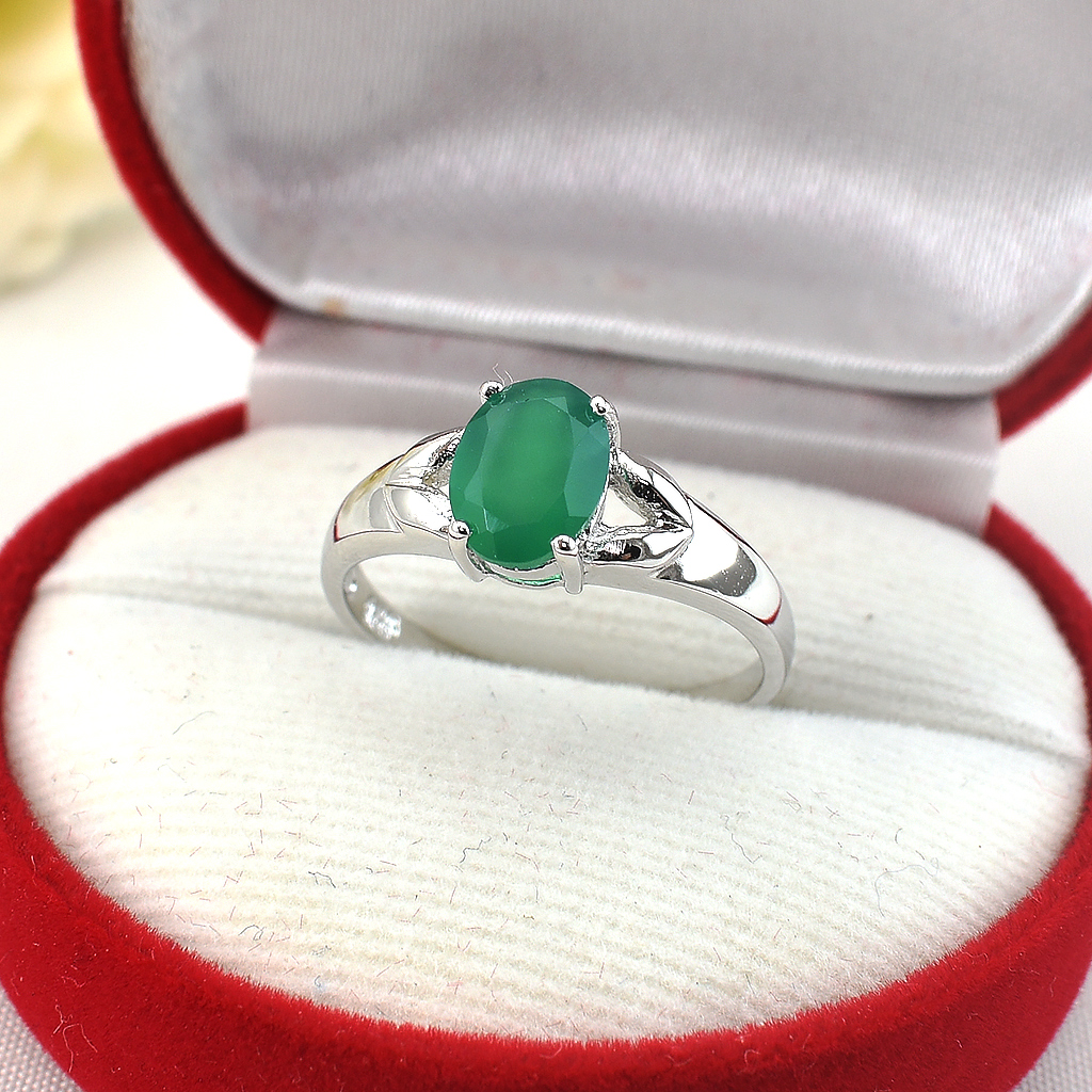 แหวนเงินแท้ราคาถูกชุบทองคำขาว พลอยแท้กรีนอะเกท 1.23 กะรัต งานประณีตสวยงาม สั่งผลิตค่ะ