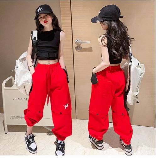 ชุดเต้น ชุดแดนซ์ เสื้อสีดำ+กางเกงขายาวสีแดง