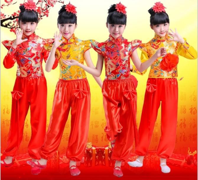 ชุดจีน กี่เพ้าแขนกุด แขนยาว+กางเกง สีแดง-สีเหลือง