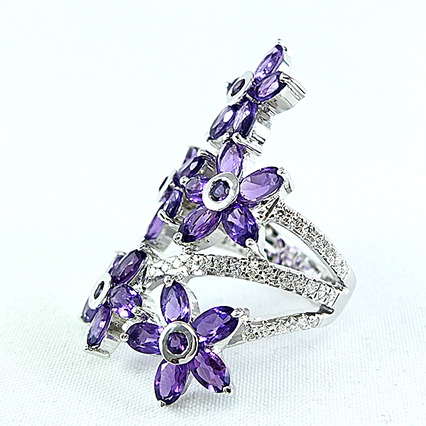 แหวนเงินแท้ราคาถูกชุบทองคำขาว แอมิทิสต์แท้ 5.75 กะรัต เพชรCZ 0.48 กะรัต งานประณีตสวยงาม สั่งผลิตค่ะ