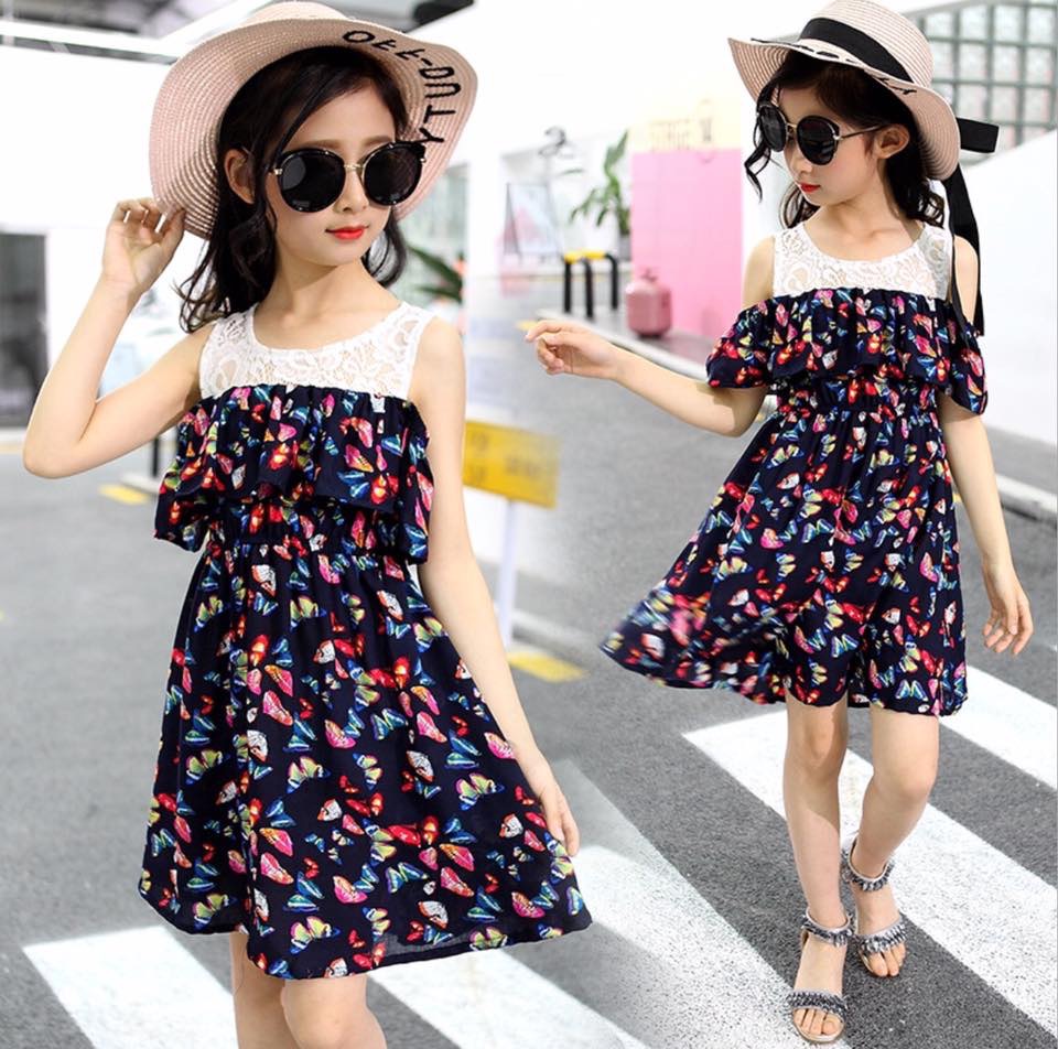 พร้อมส่ง ชุดเด็กผู้หญิง ชุดเดรส ลายดอกโชว์ไหล่