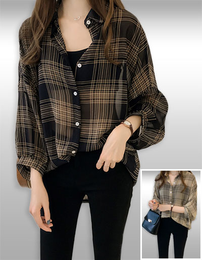 เสื้อเชิ๊ตแฟชั่นลายสก็อตใส่สบาย 2 สี รหัส1935