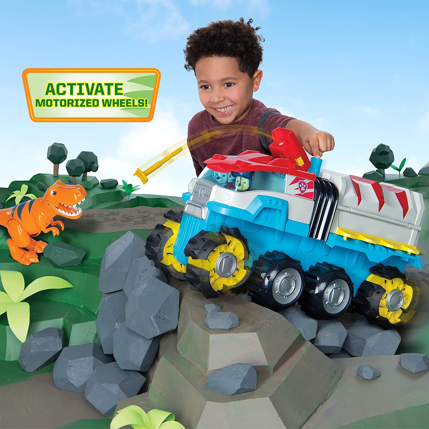 รถคันใหญ่เคลื่อนที่เองได้ Paw Patrol, Dino Rescue Dino Patroller Motorized Team Vehicle with Exclusive Chase and T. Rex Figures