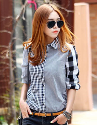 เสื้อเชื๊ตแฟชั่นแต่งลายสก็อต คอปกแขนยาว สไตล์สาวเท่ห์ รหัส 1784
