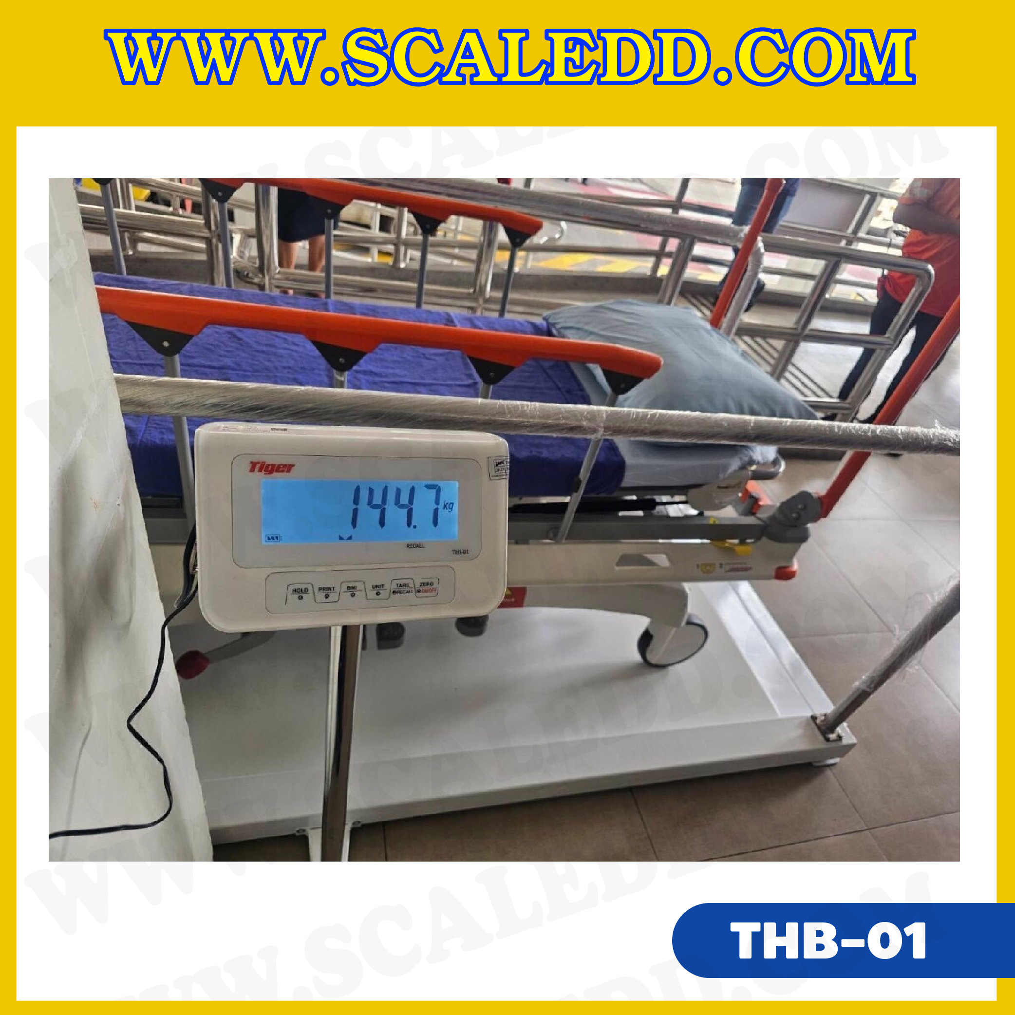 เครื่องชั่งน้ำหนักผู้ป่วย ใช้ชั่งรถวีลแชร์ผู้ป่วย ขนาดแท่นชั่ง 100x200 cm. พร้อมราวกันตกและทางขึ้น-ลง ทั้งซ้าย-ขวา พิกัด 300 กิโลกรัม ค่าละเอียด 100 กรัม มาพร้อมฟังก์ชั่น BMI