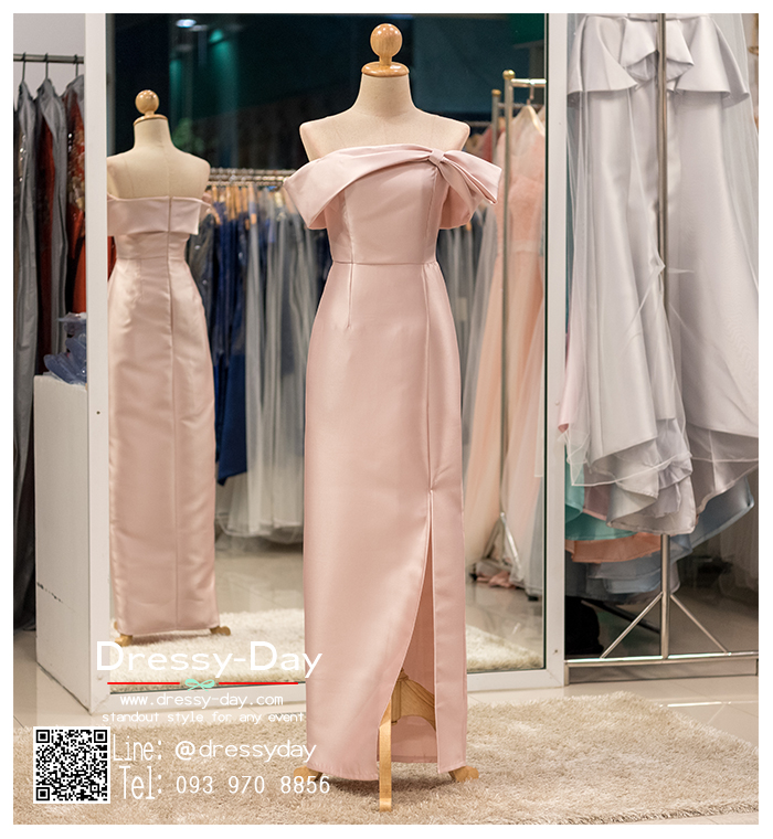 รหัส ชุดราตรียาวคนอ้วน : PK012 ชุดแซก ชุดราตรียาวมีแขน หรู สีชมพู ไหล่ปาด ผ้าไหม เรียบหรู เหมาะสำหรับงานแต่งงาน งานกลางคืน กาล่าดินเนอร์