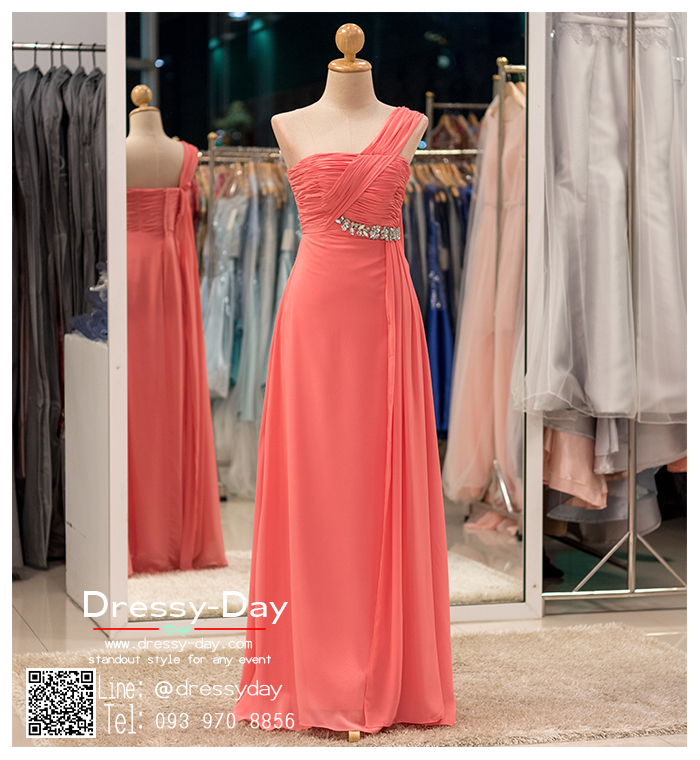 รหัส ชุดราตรียาว :bb020 ชุดราตรีไหล่เฉียง สีชมพู ชุดไปงานแต่งประดับกริตเตอร์ช่วงเอว ชุดแซกผ้าชีฟอง เหมาะใส่ออกงานแต่งงาน งานกลางวัน กลางคืน
