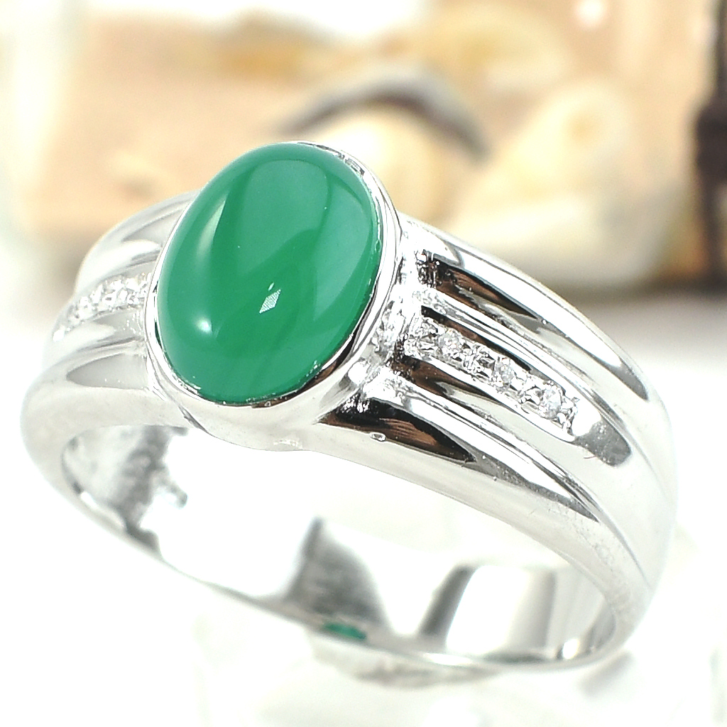 แหวนเงินแท้ราคาถูกชุบทองคำขาว พลอยแท้กรีนอะเกท 1.25 กะรัต เพชรCZ 0.06 กะรัต งานประณีตสวยงาม สั่งผลิตค่ะ