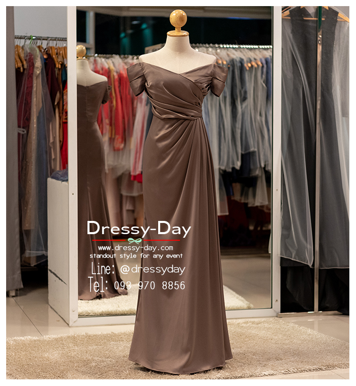 รหัส ชุดราตรียาว : PFL143 ชุดไปงานแต่งงาน มีแขน เปิดไหล่ ชุดราตรีพร้อมส่ง สวย เรียบ หรู ดูแพง พรางสะโพกไม่อ้วน