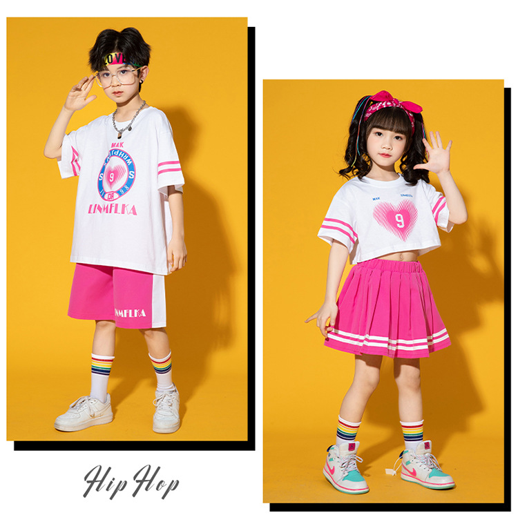 friendly4kid พร้อมส่ง ชุดเต้น ชุดเชียร์ เสื้อแขนสั้นหัวใจ+กระโปรง งานโรงเรียน กิจกรรมเต้น