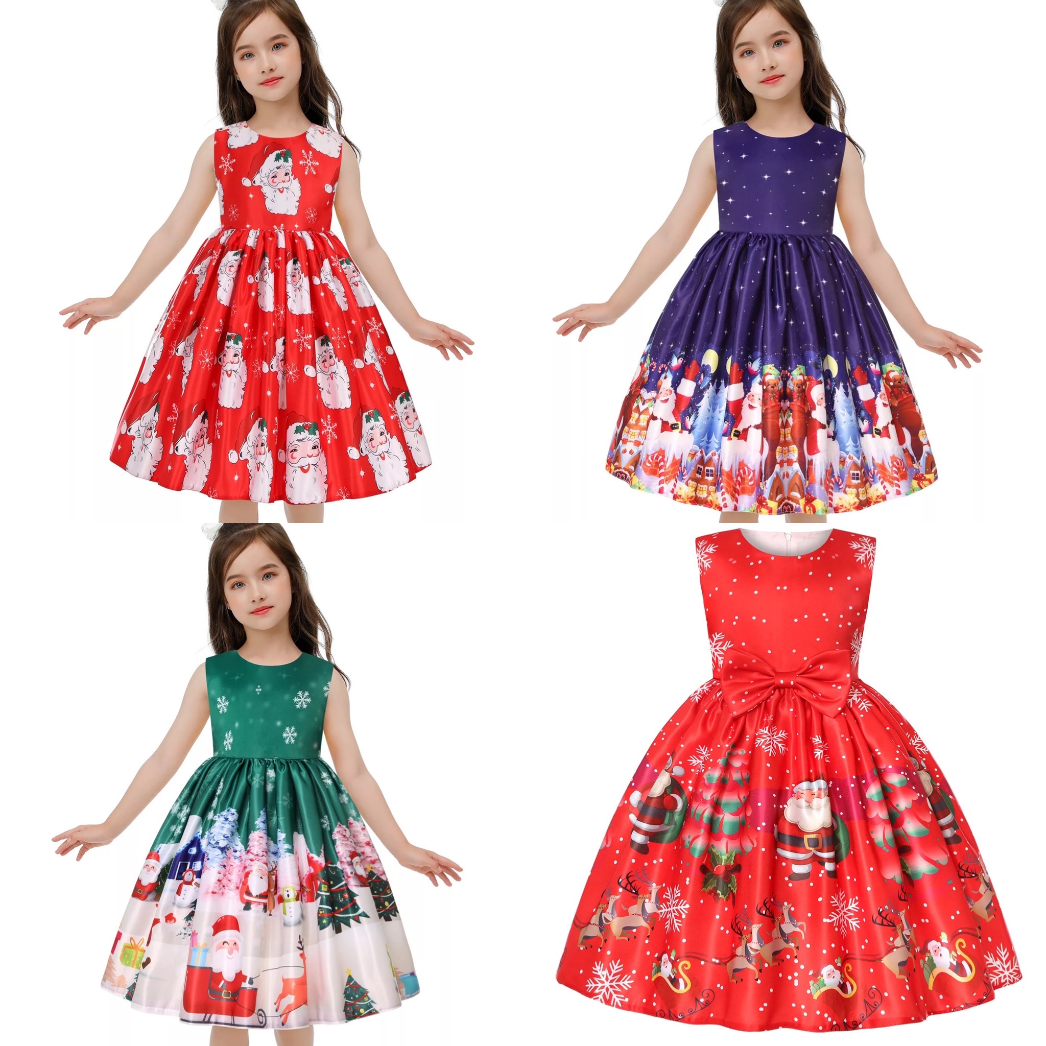 พร้อมส่ง ชุดเดรส คริสมาสแต่งลาย แขนกุด