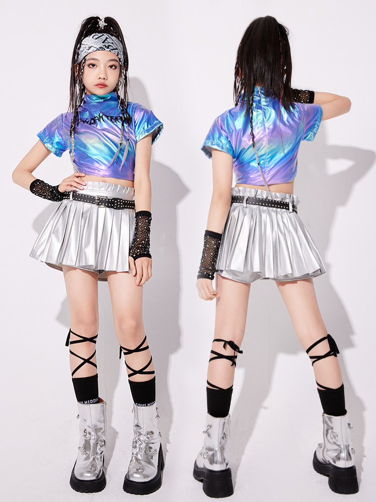 พร้อมส่ง ชุดเต้น เสื้อ+กางเกง/กระโปรงสีฟ้า-เงิน