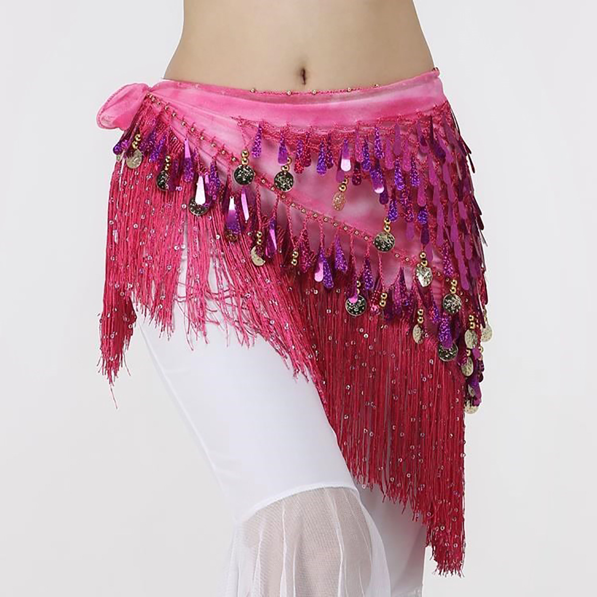 ผ้าผูกเอว พันสะโพกเต้นรำ ผ้าพันสามเหลี่ยมประดับเลื่อมสำหรับเต้นรำหน้าท้องแบบใหม่ ผ้าพันคอพู่สำหรับฝึกซ้อมเต้นสะโพก