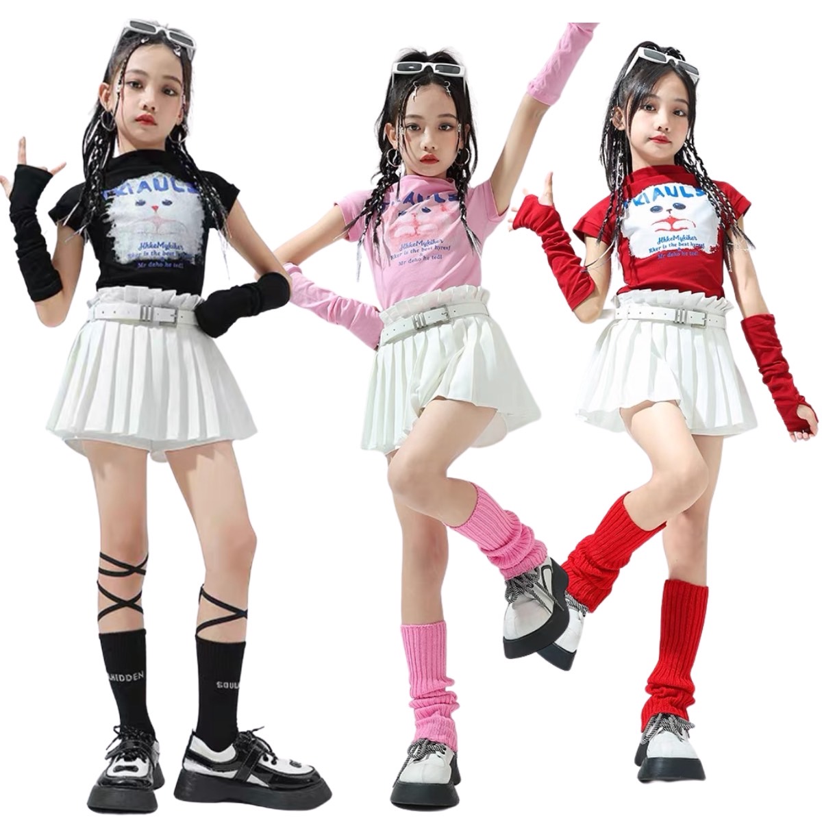 พร้อมส่ง***ชุดเต้น ลายแมว สไตล์เกาหลี เซ็ตเสื้อTKIAULS+กางเกงกระโปรง