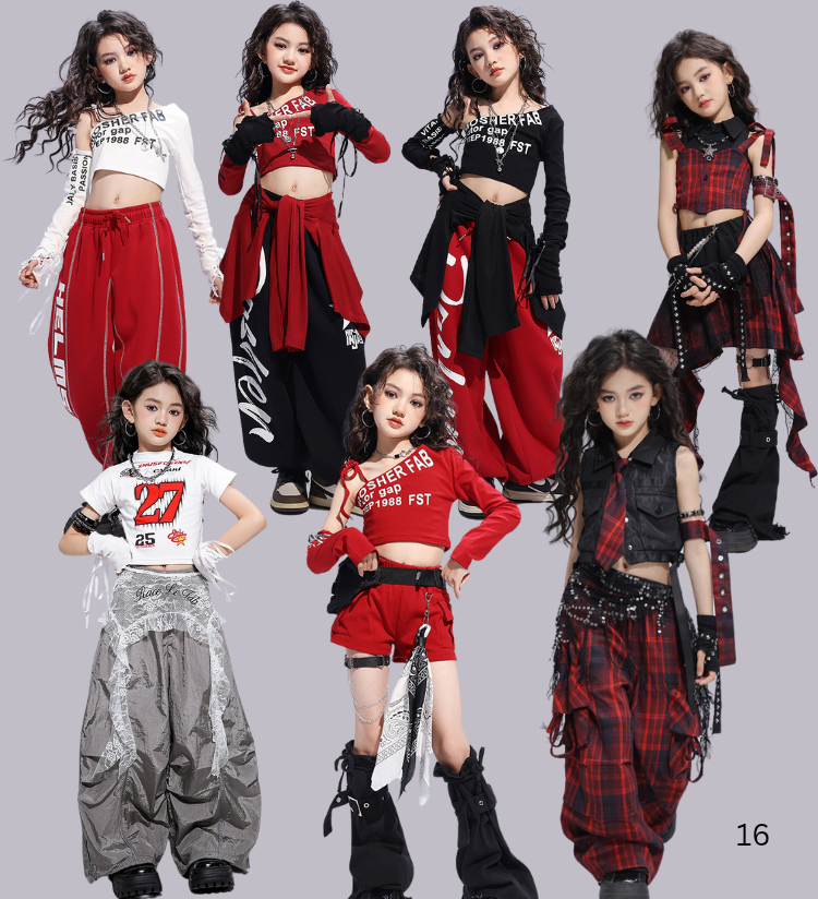ชุดเต้น เซ็ตเสื้อปาดไหล่ พร้อมปลอกแขน โทนลายสก๊อต ดำแดง
