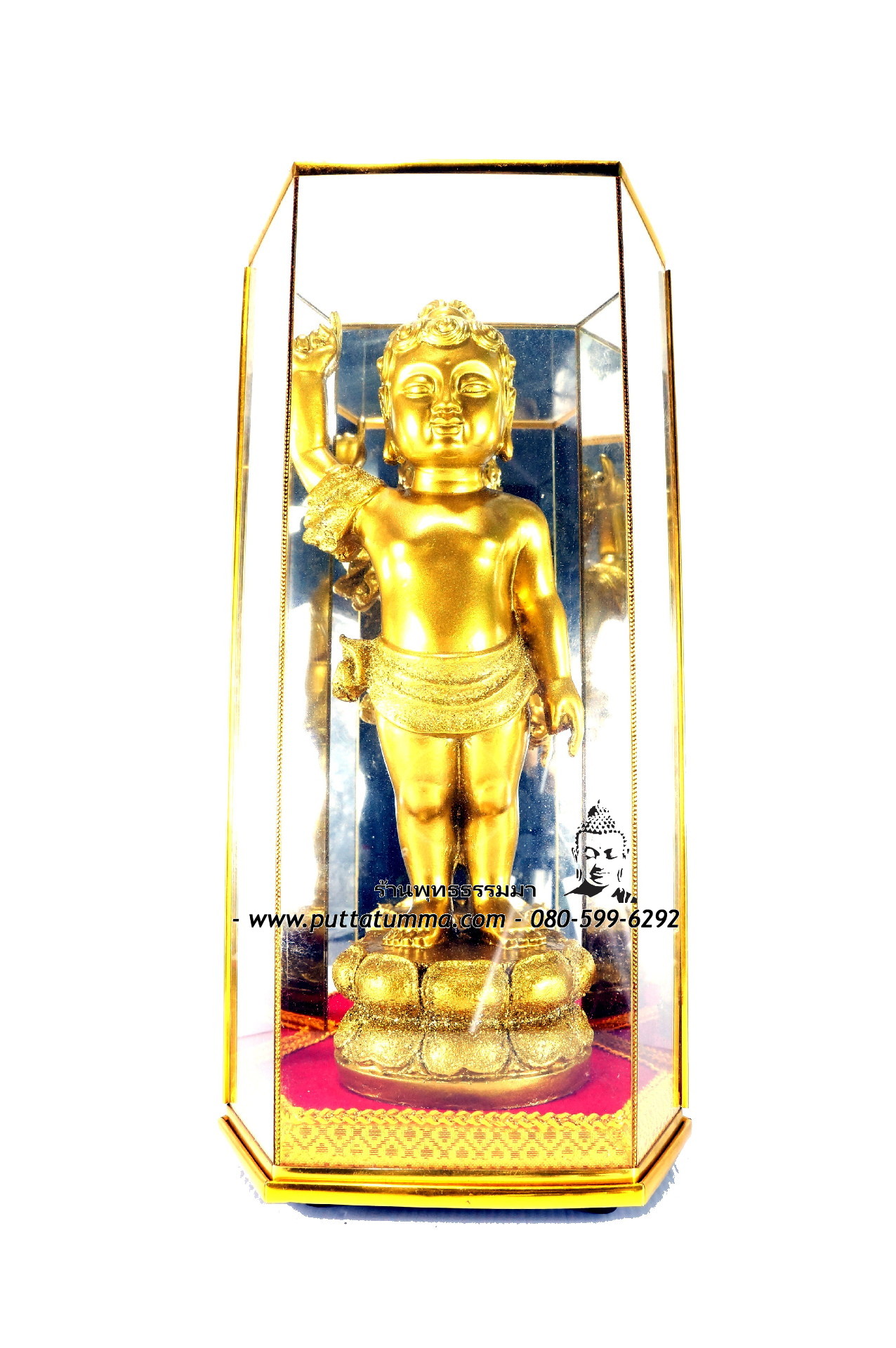 พระพุทธเจ้าน้อย สีทอง เนื้อเรซิ่น ขนาด 5 นิ้ว สูง 10 นิ้ว พร้อมตู้ประกอบ ขนาด 4.5 * 6 * 12 นิ้ว