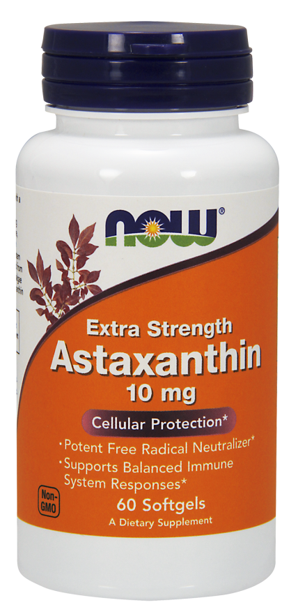 Now Foods, Extra Strength Astaxanthin, 10 mg, 60 Softgels สูตรเข้มข้น ช่วยลดริ้วรอยก่อนวัย และปกป้องผิวจากการทำลายของแสงแดด แสงUV
