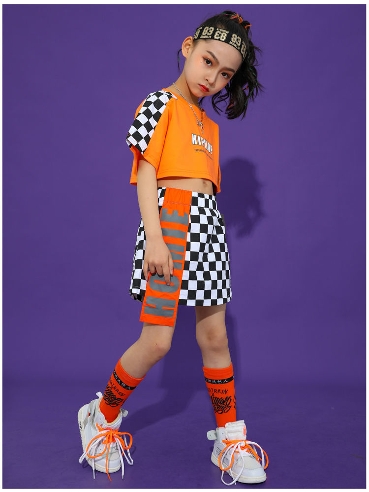 พร้อมส่ง ชุดเต้น ชุดเชียร์เด็ก เซ็ตสีส้ม ลายสก๊อต สีส้ม ชุดกีฬา สปอร์ต