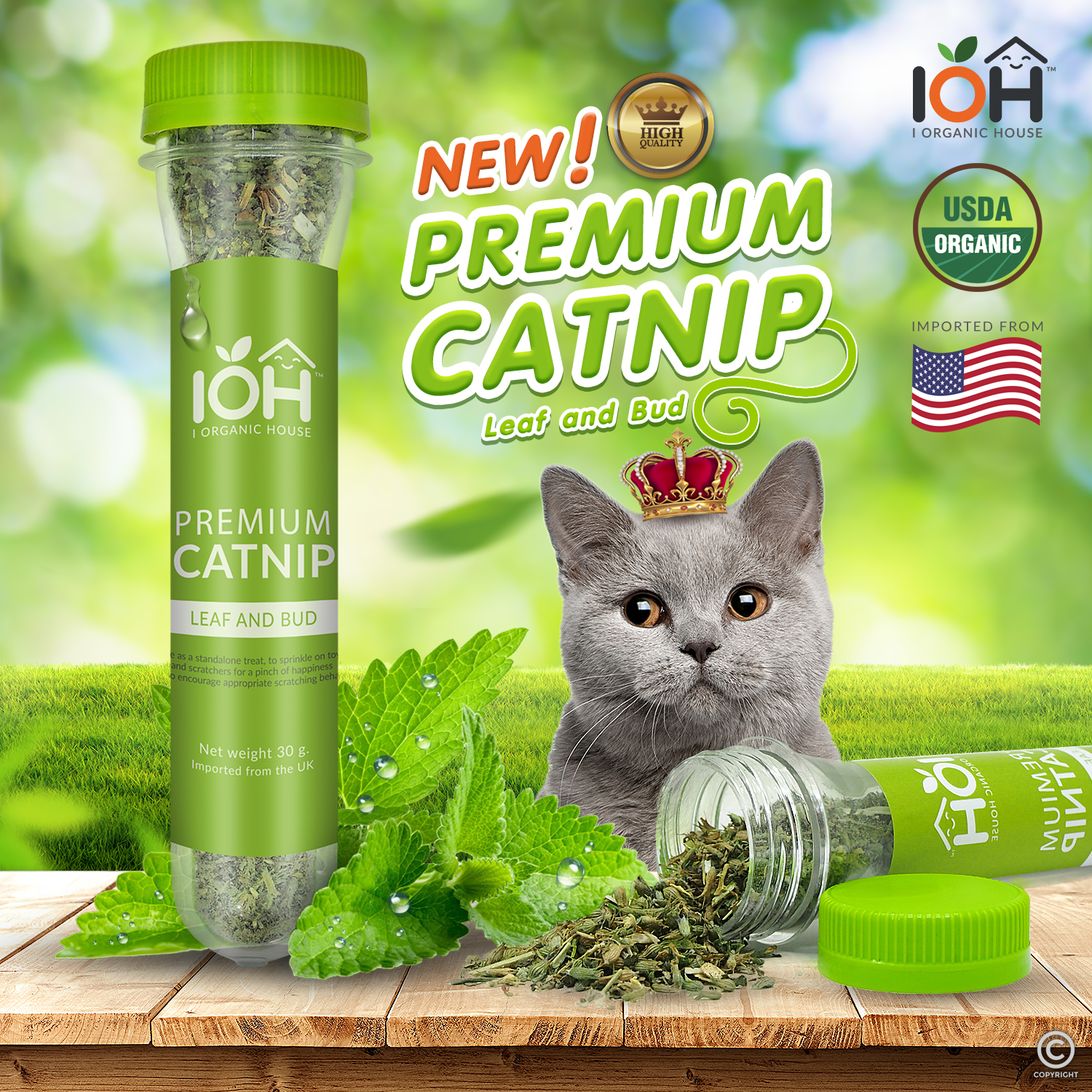 IOH PREMIUM CATNIP - LEAF AND BUD 100% Naturals แคทนิปผง สำหรับโรยของเล่นแมว