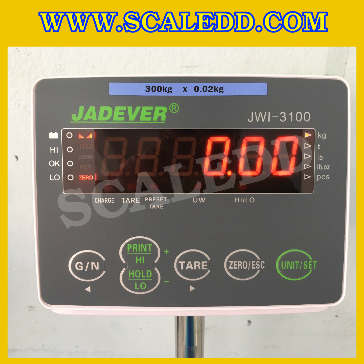 เครื่องชั่งดิจิตอลตั้งพื้น 300 kg ยี่ห้อ JADEVER รุ่น JWI-3100 II ขนาดแท่น 70x80cm. พิกัดน้ำหนัก 300kg ค่าละเอียด 20g