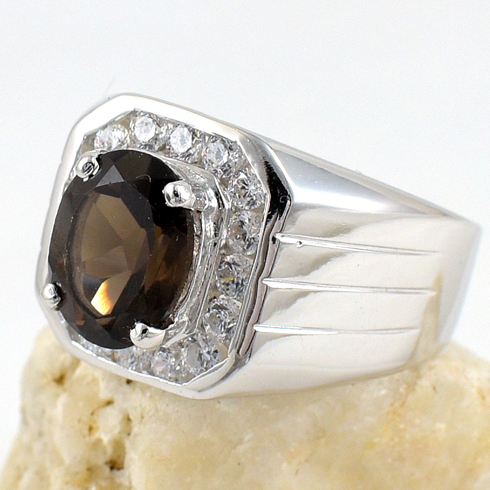 แหวนเงินแท้ราคาถูกชุบทองคำขาว พลอยแท้สโมกกี้ควอทซ์ 2.25 กะรัต เพชรCZ 0.64 กะรัต งานประณีตสวยงาม สั่งผลิตค่ะ