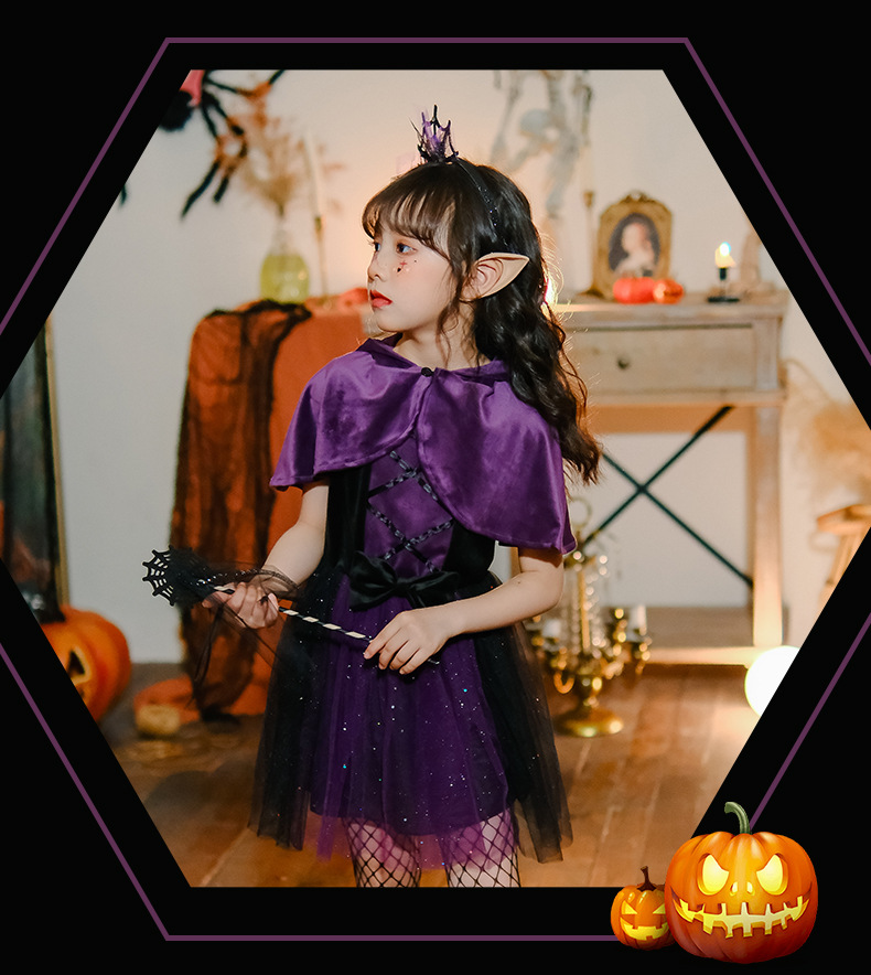 พร้อมส่ง ชุดฮาโลวีน เดรสแม่มด สีม่วง+ผ้าคลุม+หมวก ปลอกแขน
