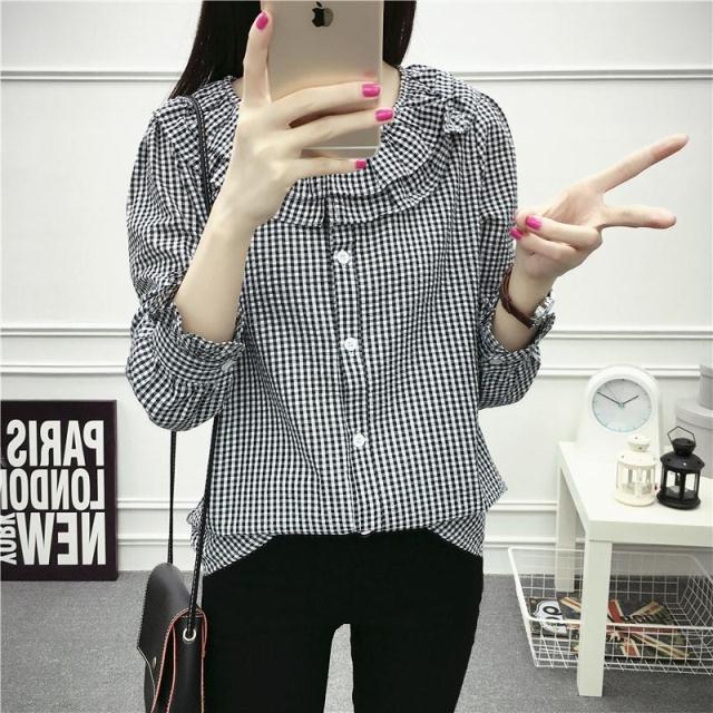 เสื้อแฟชั่นแขนยาวลายสก๊อตขาวดำเทา คอกลมระบายสองชั้น